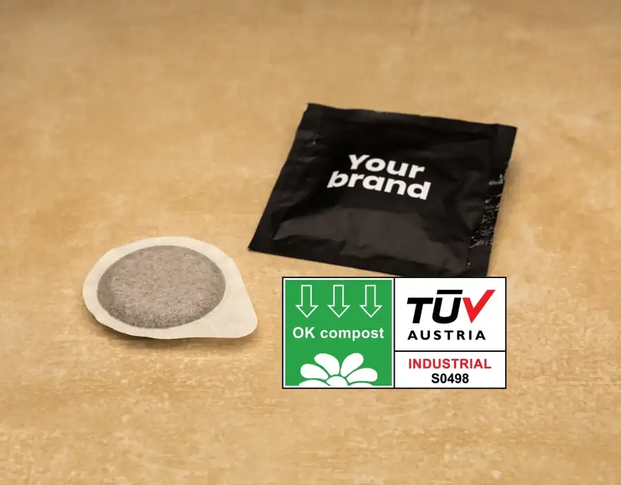 Cialda di caffè e cialda confezionata con logo TÜV Austria OK Compost